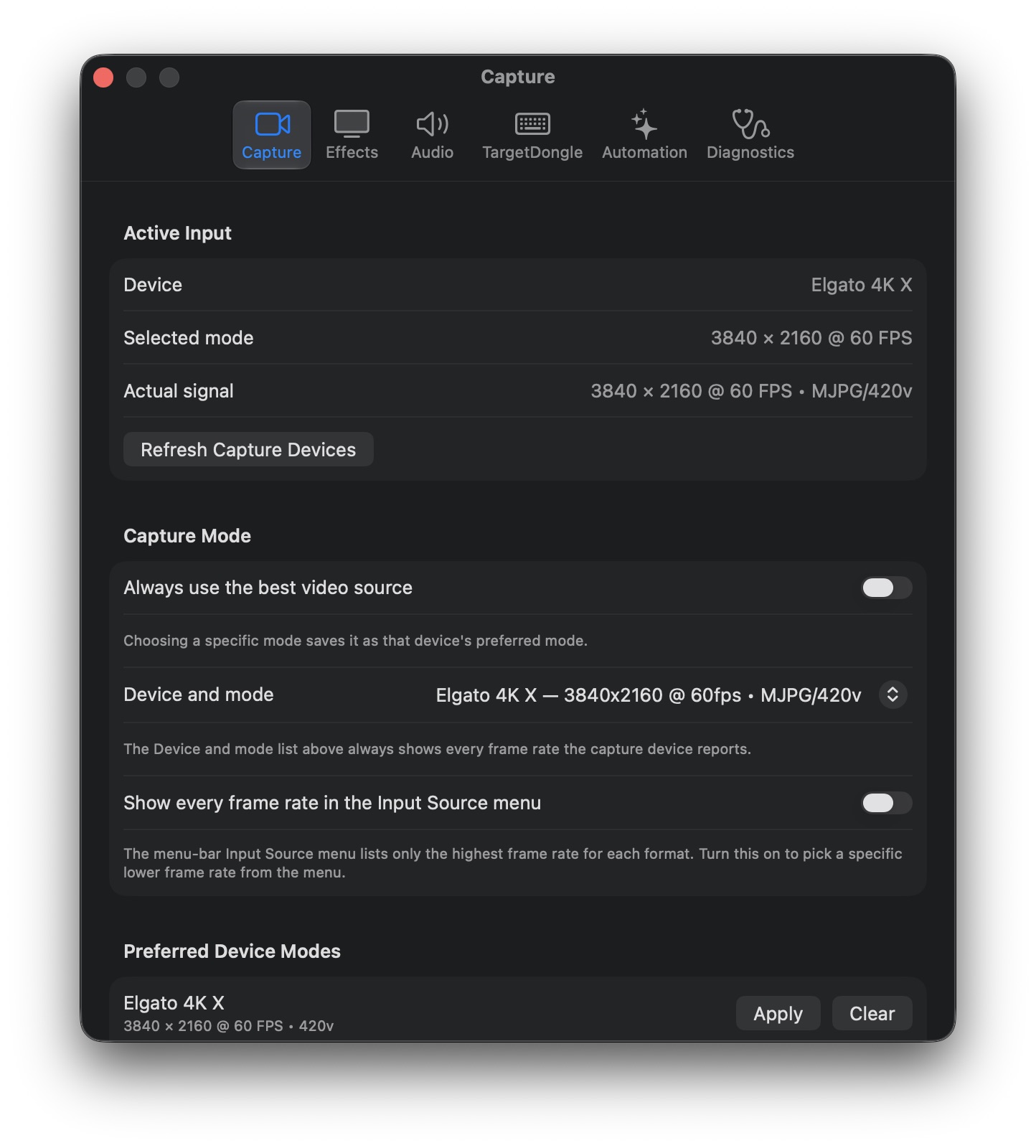 TargetDisplay Capture settings pane