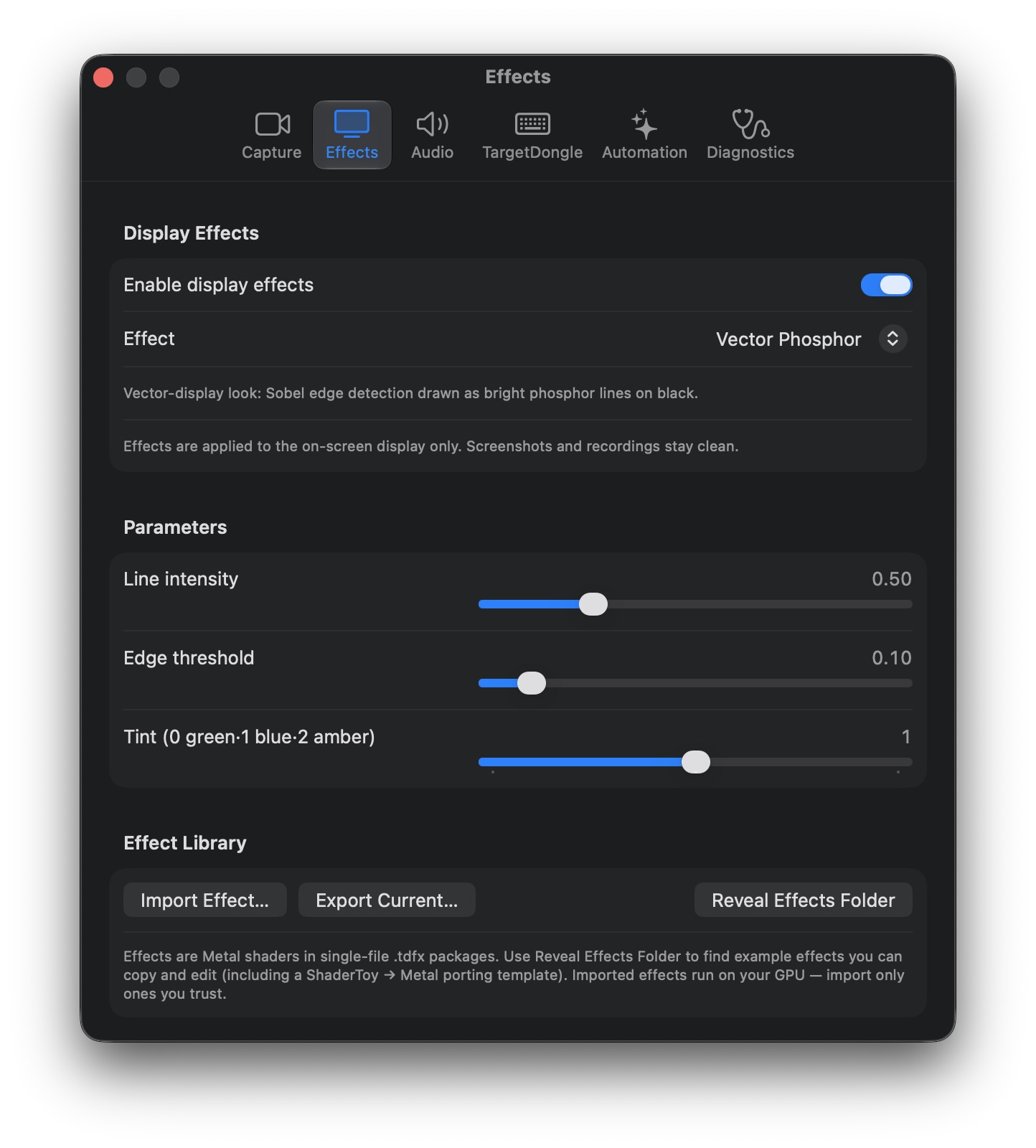 TargetDisplay Effects settings pane