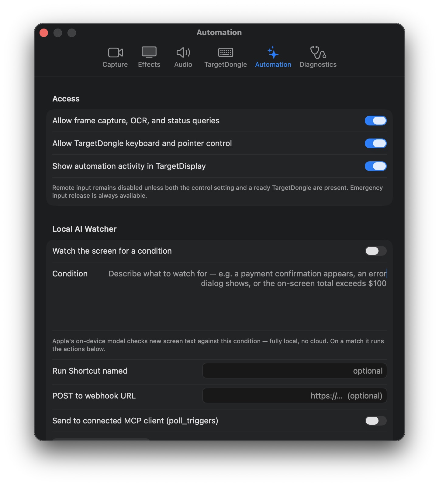 TargetDisplay Automation settings pane