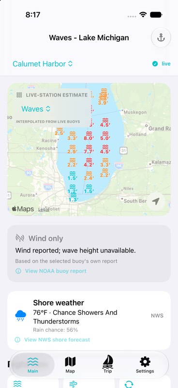 Waves Lake Michigan conditions dashboard on iPhone
